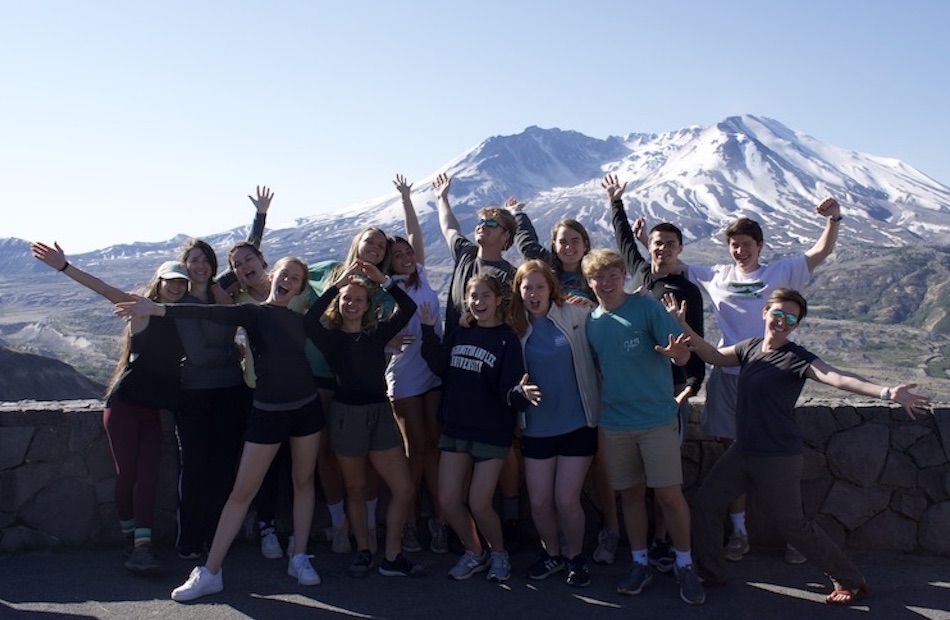 A photo of my Geology class in front of Mt. St. Helens